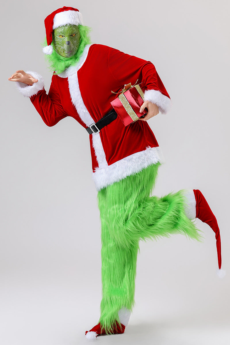 Halloween Green Monster Grinch Cosplay Santa Costume with Furry Pants Outfit