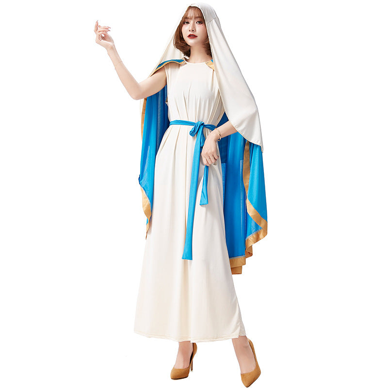 Halloween costume role play beige blue robe costume stage play costume medieval ethnic clothes