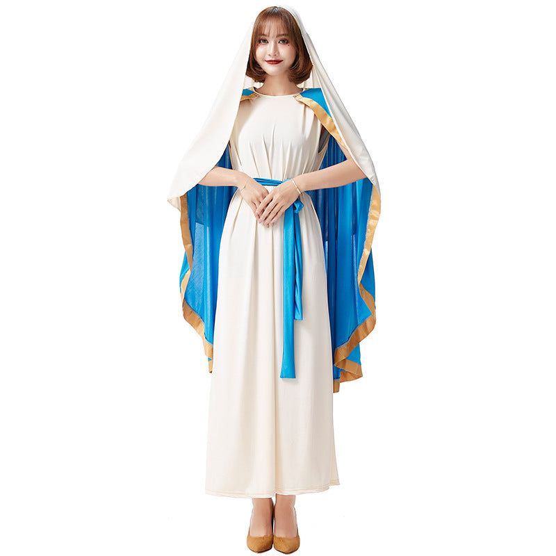 Halloween costume role play beige blue robe costume stage play costume medieval ethnic clothes