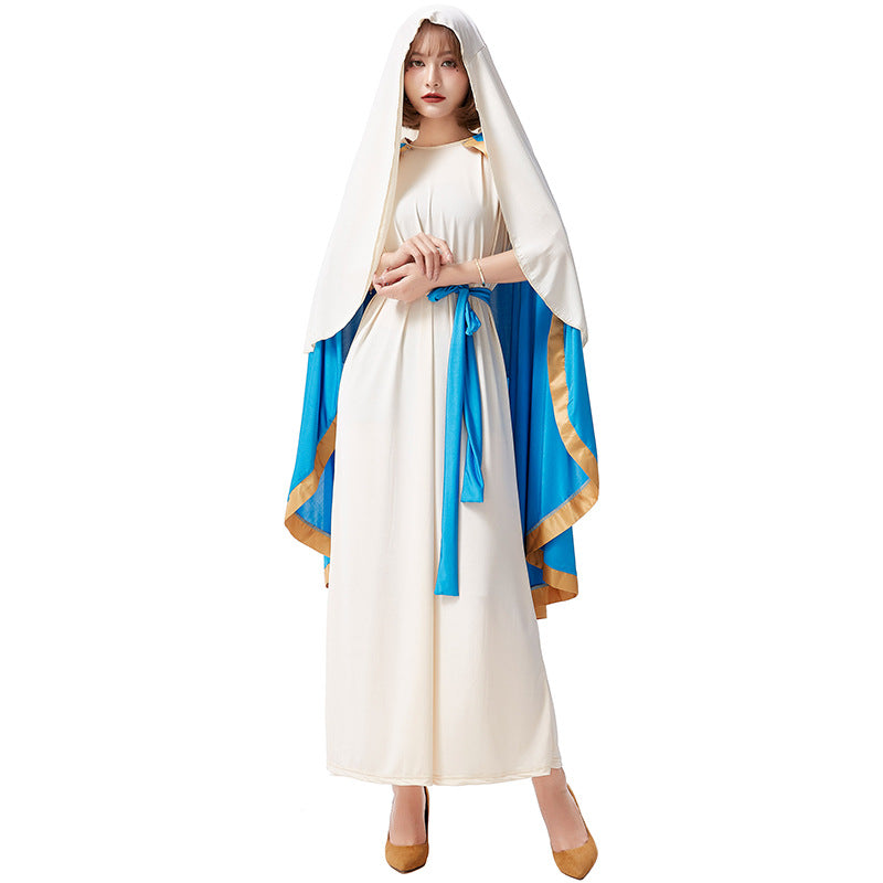 Halloween costume role play beige blue robe costume stage play costume medieval ethnic clothes