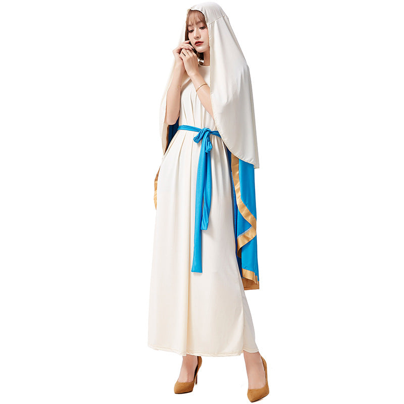 Halloween costume role play beige blue robe costume stage play costume medieval ethnic clothes