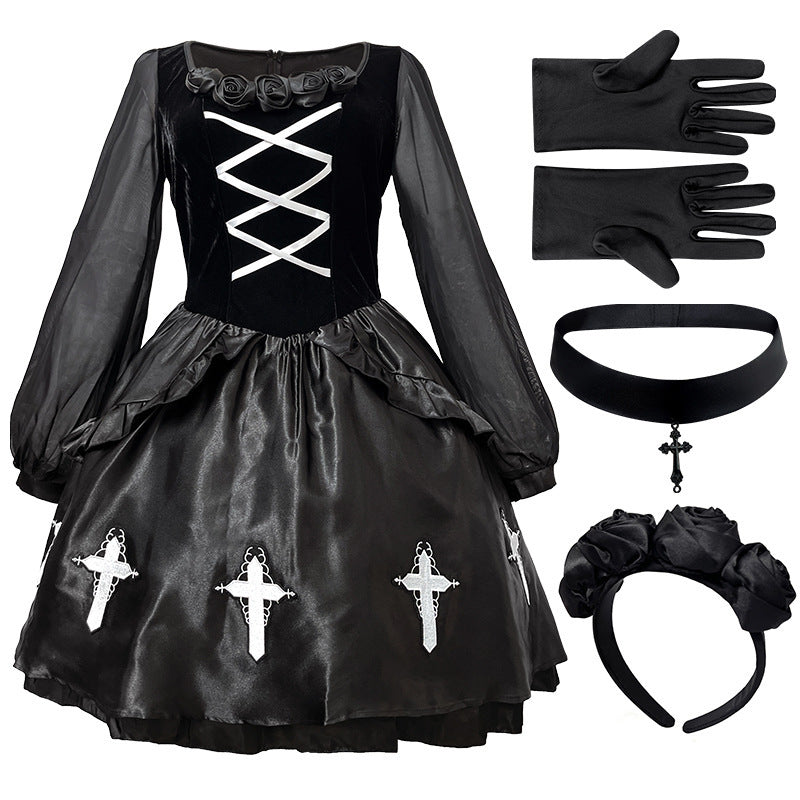 Halloween Adult Costume Gothic Style Ghost Bride Outfit Dark Black Devil Costume Witch Costume Vampire Cross
