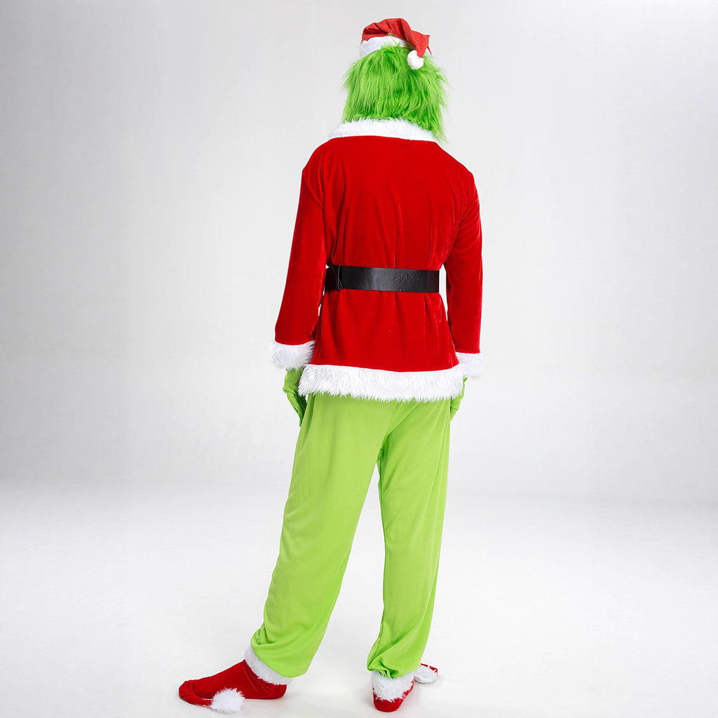 Halloween Green Monster Grinch Cosplay Santa Costume with Furry Pants Outfit