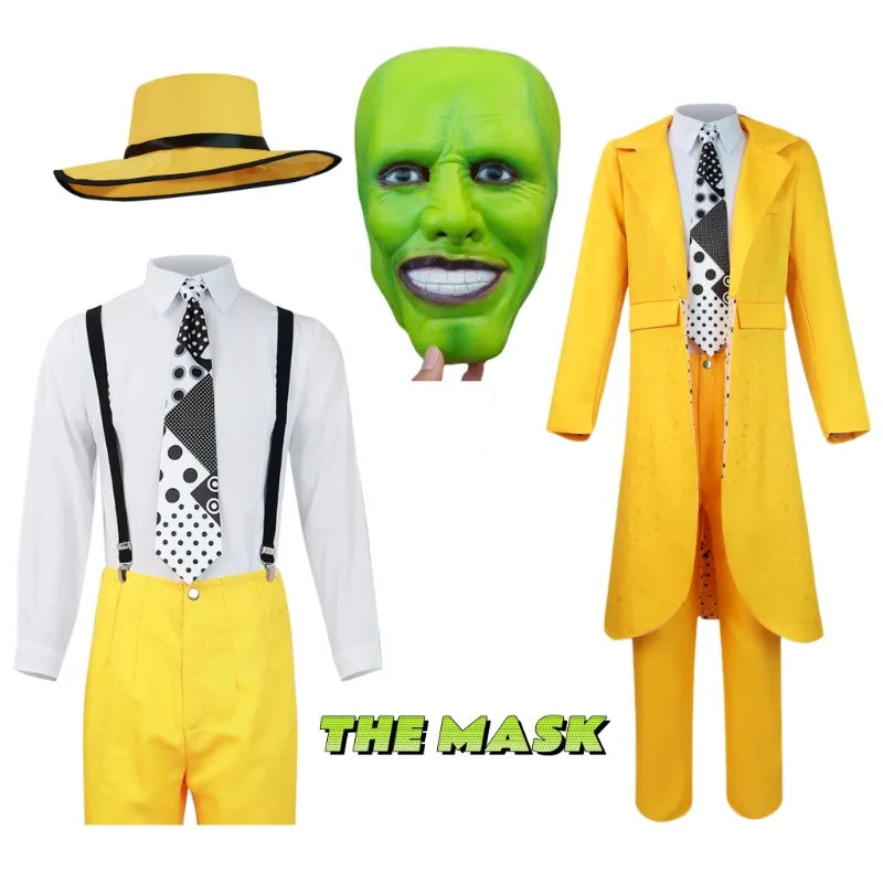 The Mask Cosplay Costume Halloween Jim Carrey Cosplay Uniform Anime Costumes Yellow Trench Hat Carnival Party Mask for Men