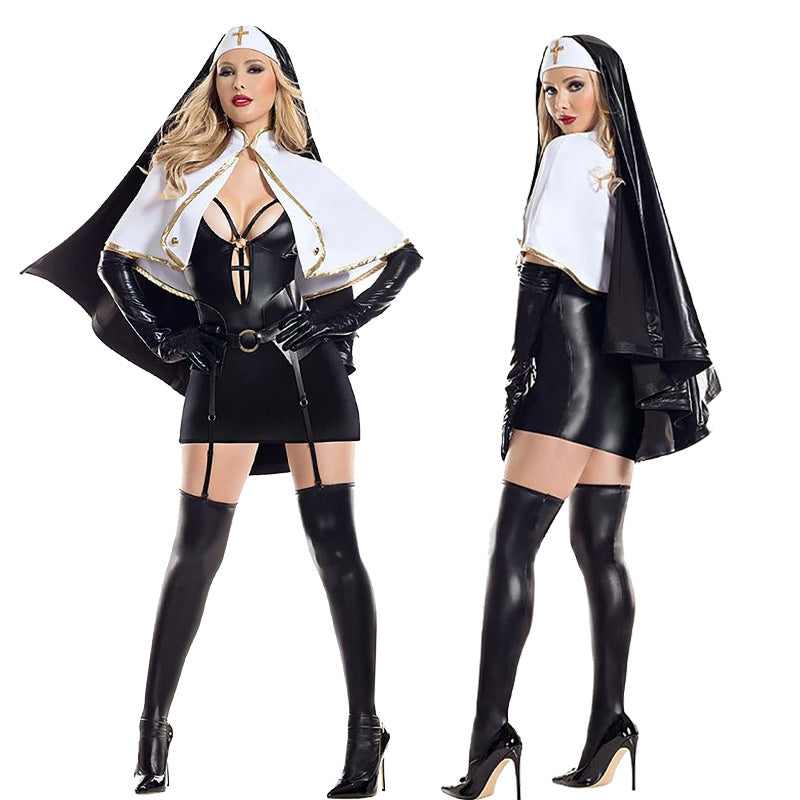 Halloween black short skirt nun costume cosplay priest costume Virgin Mary performance