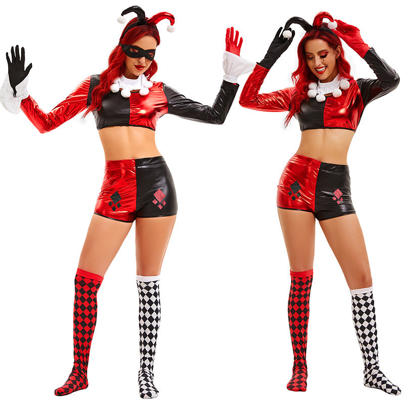 Circus Halloween Costume Black and Red Bodysuit Sexy Jester Costume Clown Costume Stage Performance Outfit