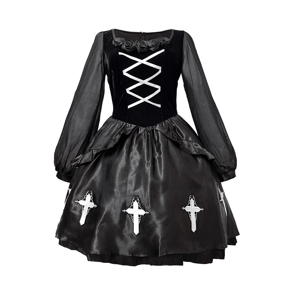 Halloween Adult Costume Gothic Style Ghost Bride Outfit Dark Black Devil Costume Witch Costume Vampire Cross