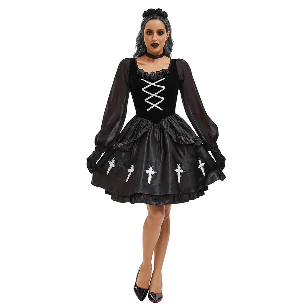 Halloween Adult Costume Gothic Style Ghost Bride Outfit Dark Black Devil Costume Witch Costume Vampire Cross