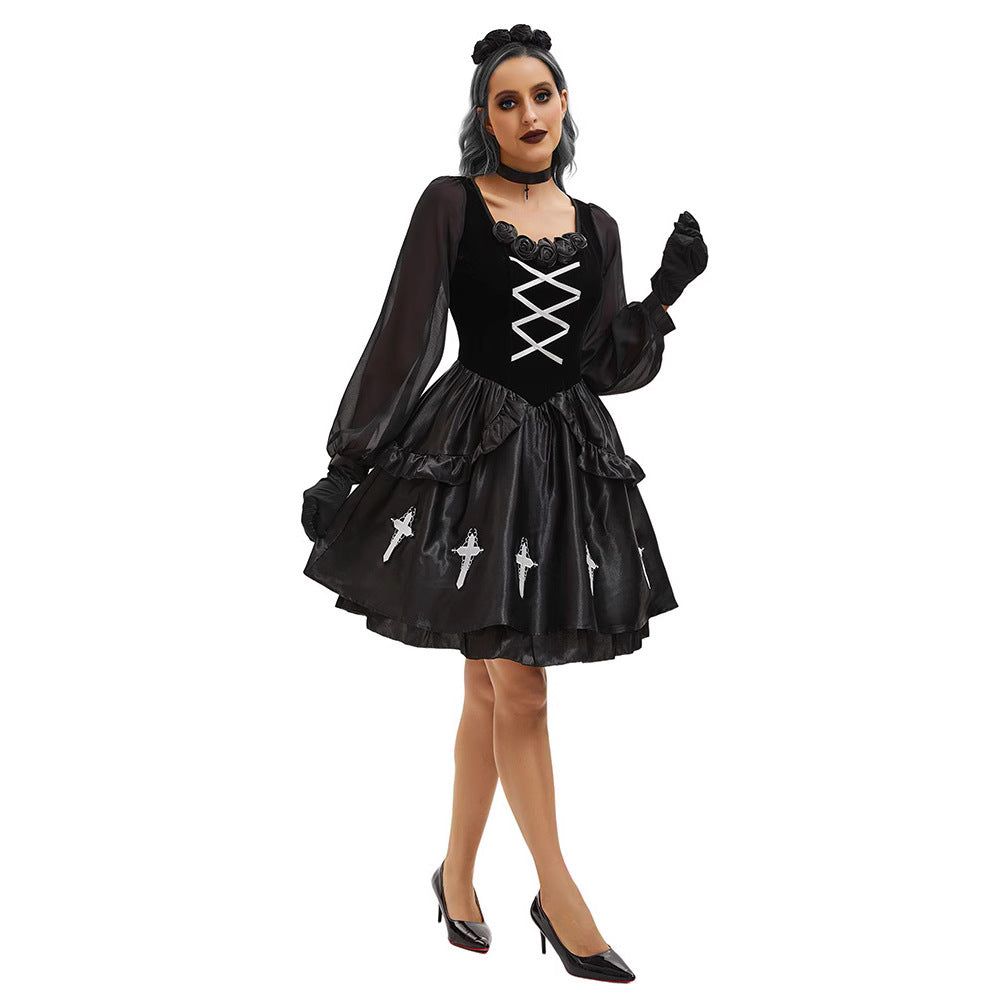Halloween Adult Costume Gothic Style Ghost Bride Outfit Dark Black Devil Costume Witch Costume Vampire Cross