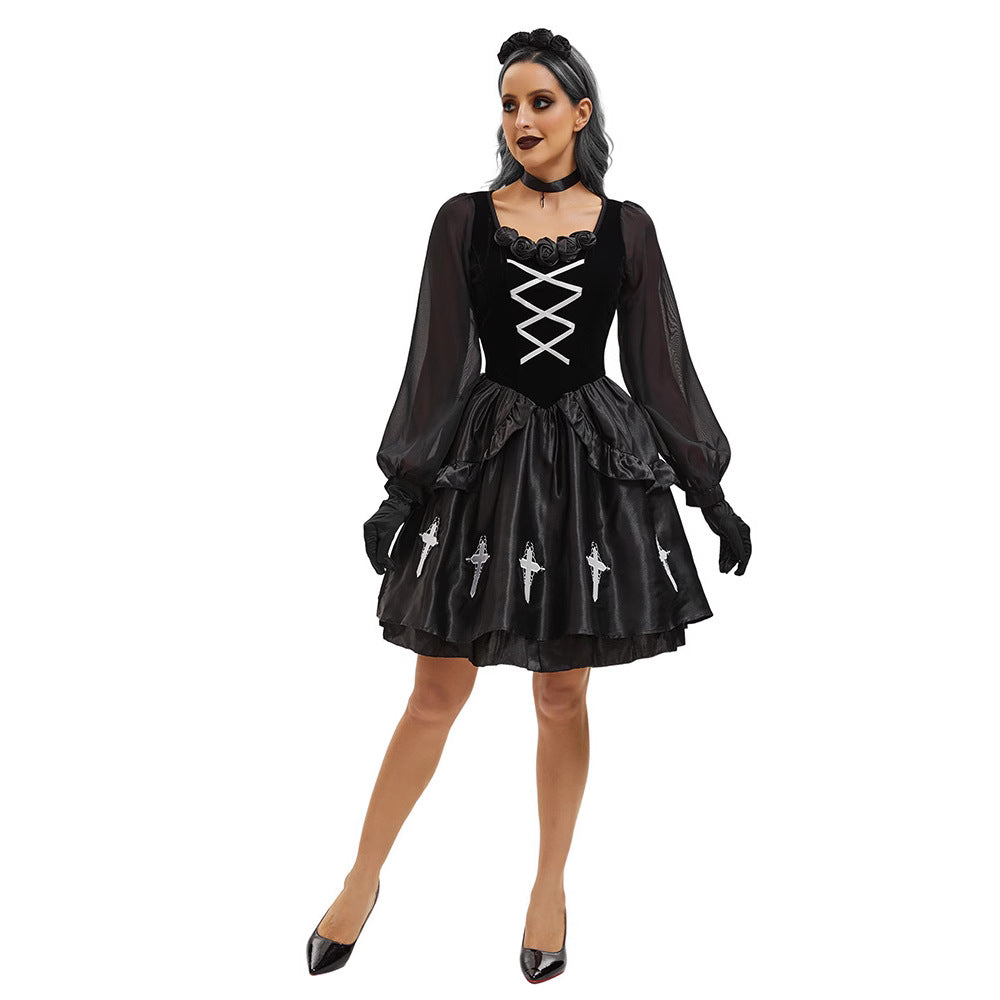 Halloween Adult Costume Gothic Style Ghost Bride Outfit Dark Black Devil Costume Witch Costume Vampire Cross