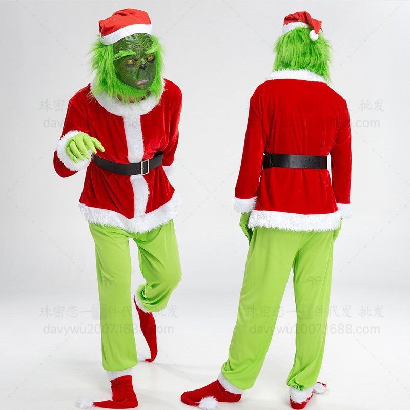 Halloween Green Monster Grinch Cosplay Santa Costume with Furry Pants Outfit