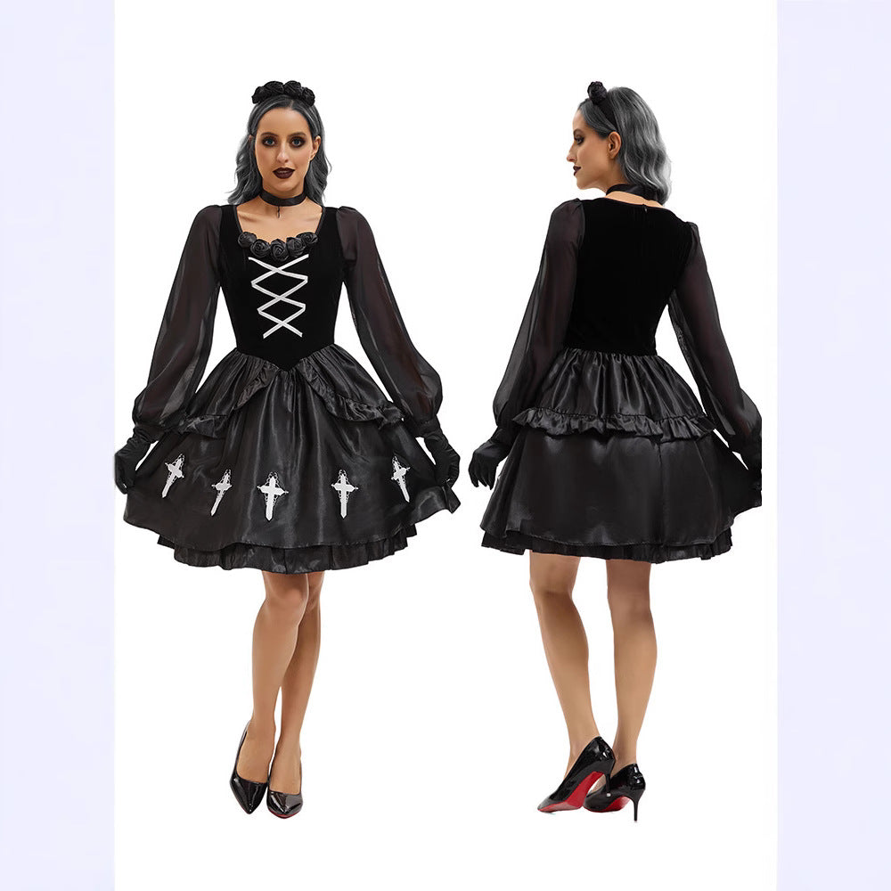 Halloween Adult Costume Gothic Style Ghost Bride Outfit Dark Black Devil Costume Witch Costume Vampire Cross