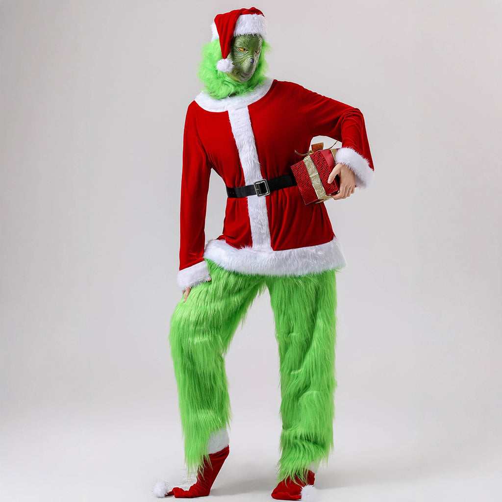 Halloween Green Monster Grinch Cosplay Santa Costume with Furry Pants Outfit