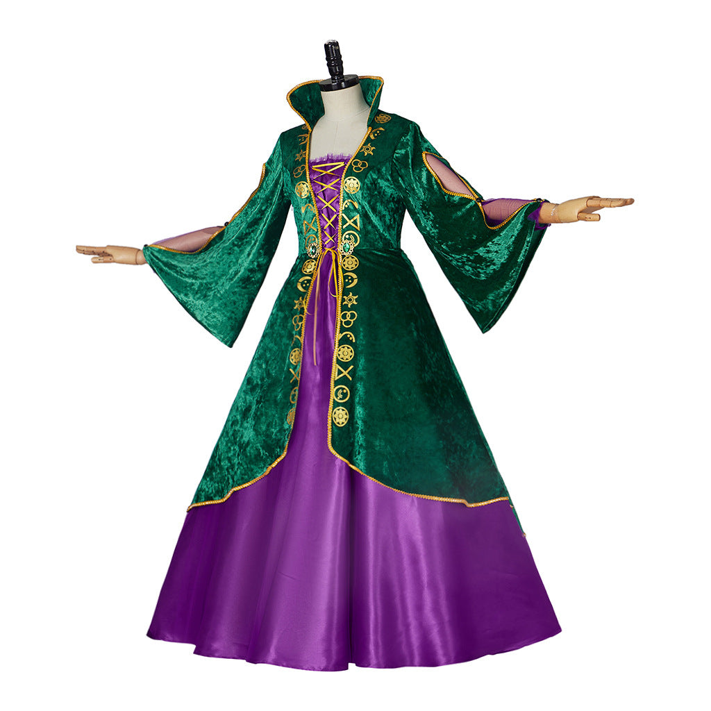 Witch also crazy cosplay costume medieval gold velvet dress Fred performing cosplay costume green bubble sleeves
