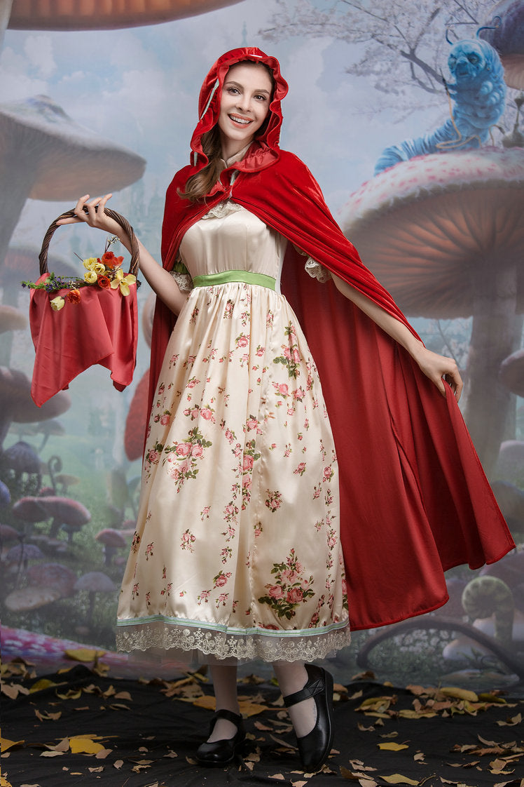 Halloween costume gorgeous Little Red Riding Hood floral long dress cosplay maid costume role-playing costume