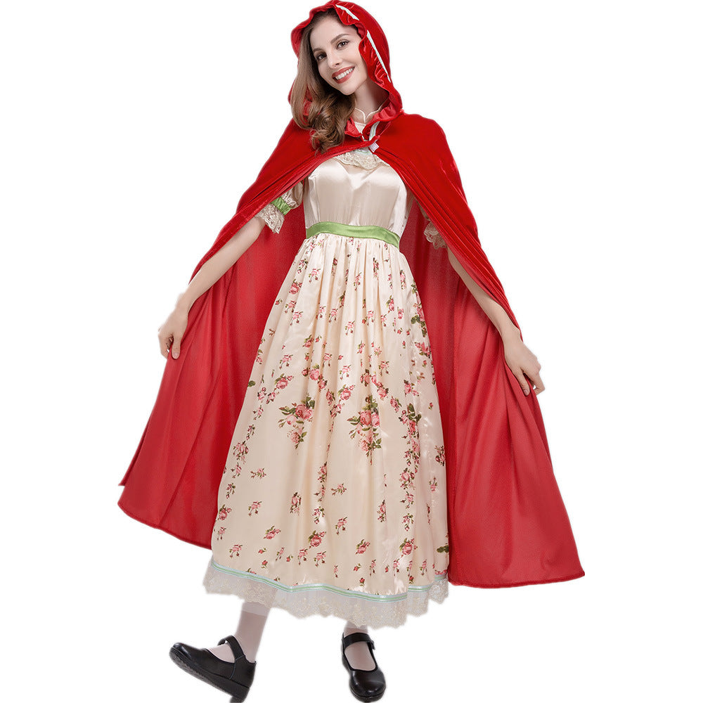 Halloween costume gorgeous Little Red Riding Hood floral long dress cosplay maid costume role-playing costume