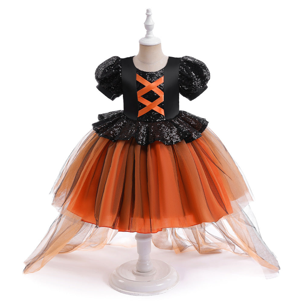 halloween dress witch performance costume mesh stitching trailing skirt Cosplay Costume Princess dress
