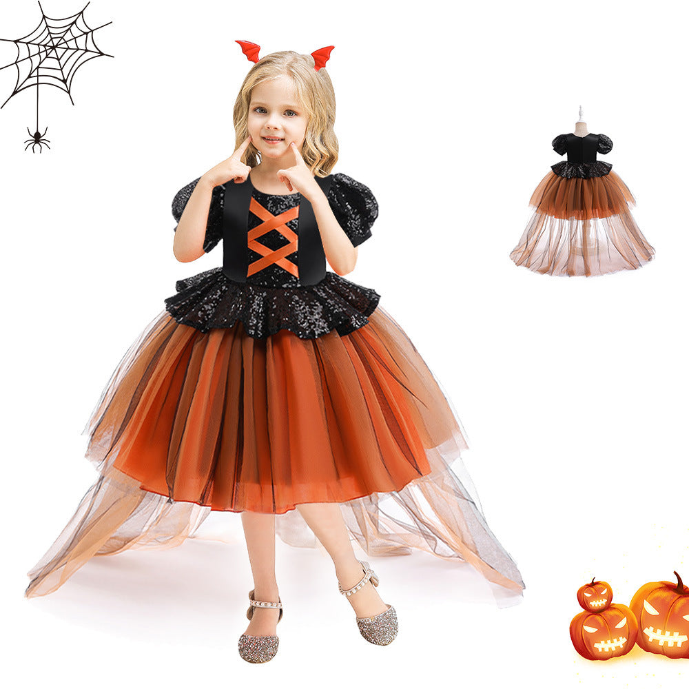 halloween dress witch performance costume mesh stitching trailing skirt Cosplay Costume Princess dress