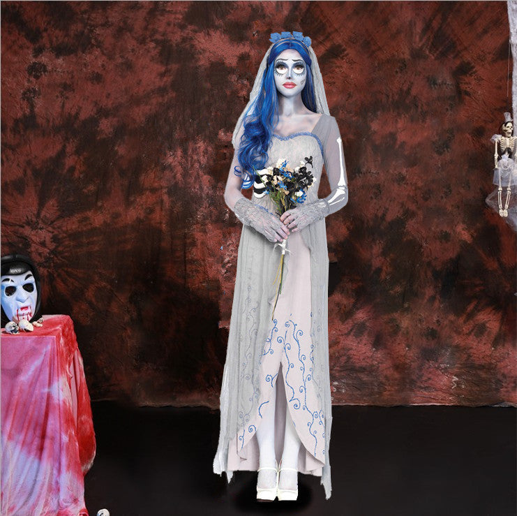 Halloween white ghost robe long dress ghost bride masquerade cosplay costume ghost costume death costume