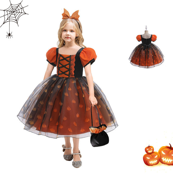 Halloween children dress Girls cosplay costume orange little witch pumpkin makeup ball performance costume