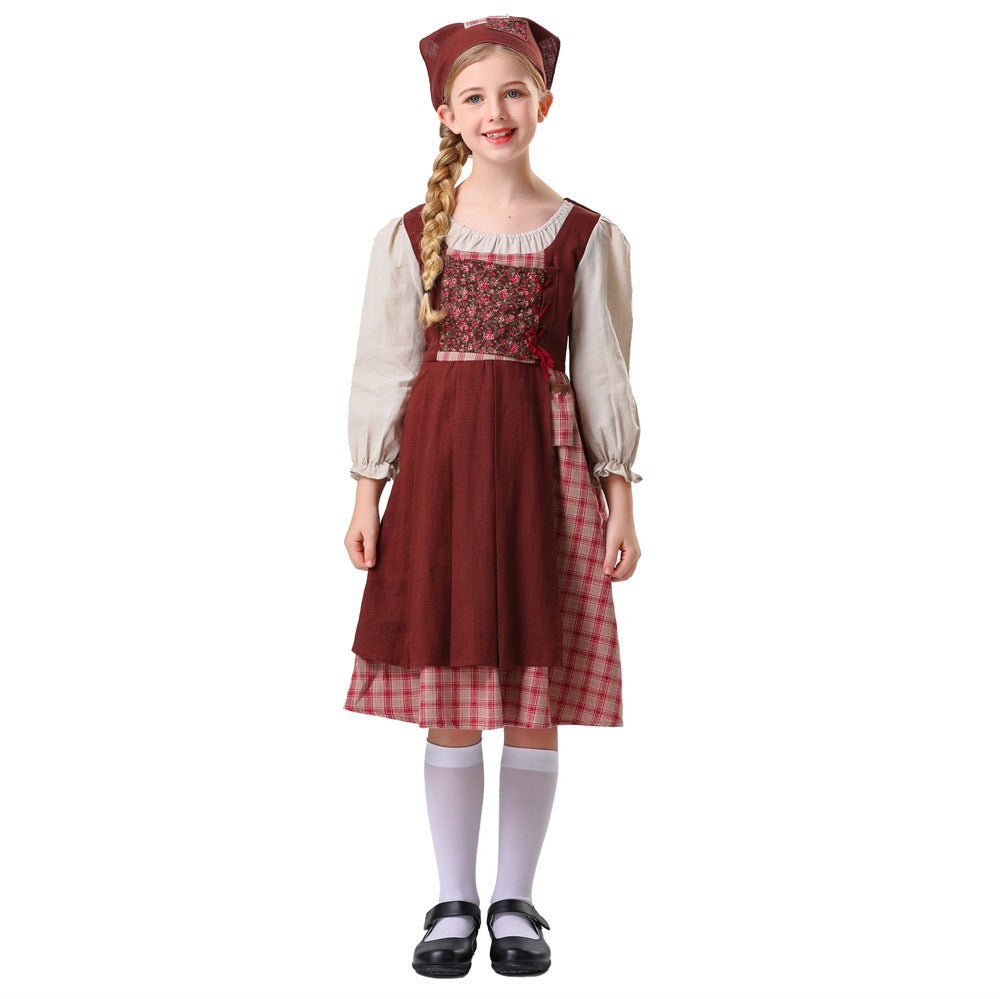 Halloween children play medieval role national costume stage costume little girl selling matches