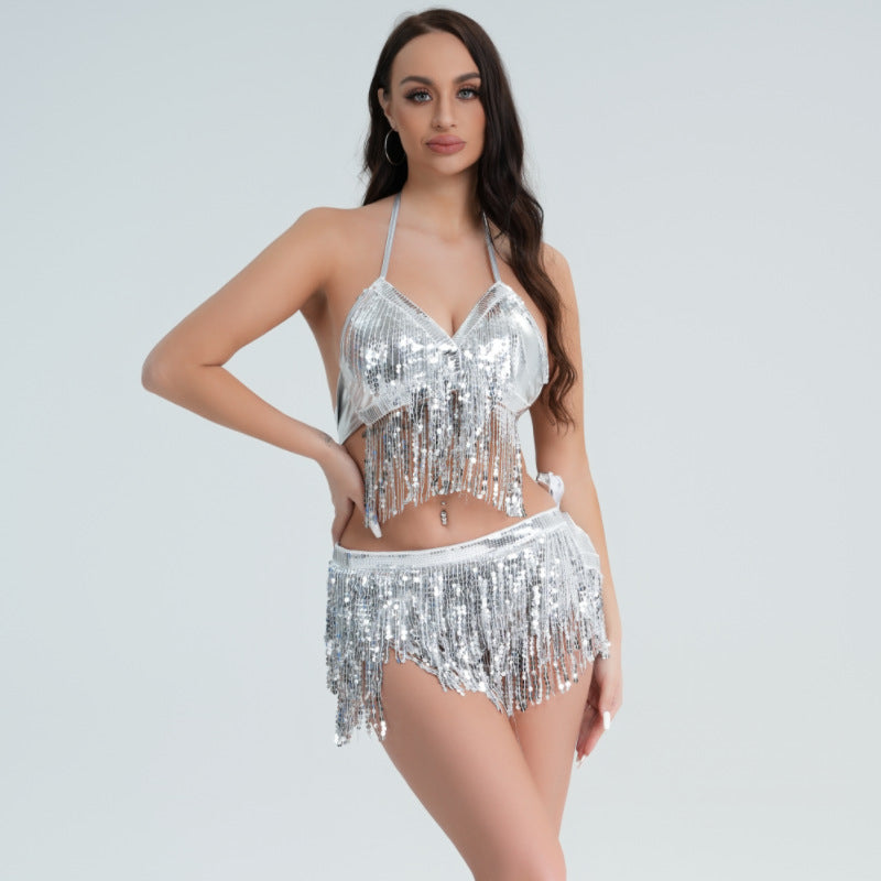 DS costume sexy belly dance jazz dance steel tube dance costume sequins tassel dress Festival nightclub stage costume