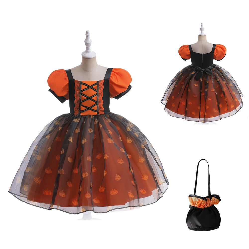 Halloween children dress Girls cosplay costume orange little witch pumpkin makeup ball performance costume