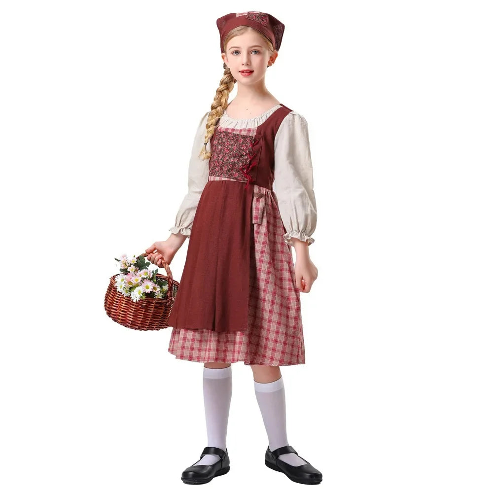 Halloween children play medieval role national costume stage costume little girl selling matches