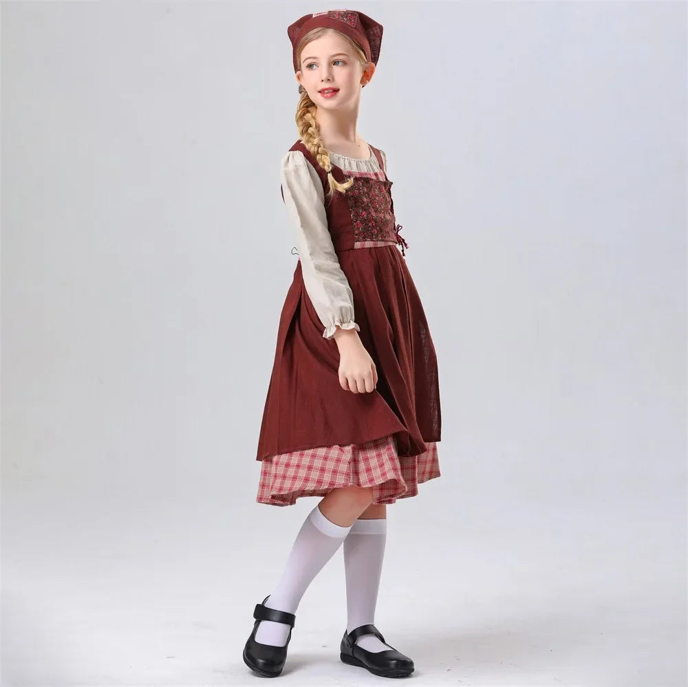 Halloween children play medieval role national costume stage costume little girl selling matches