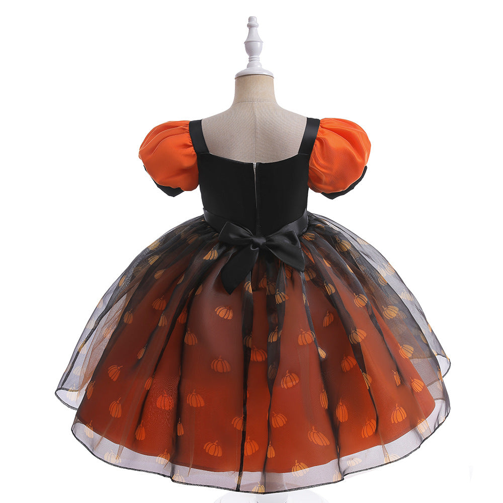 Halloween children dress Girls cosplay costume orange little witch pumpkin makeup ball performance costume
