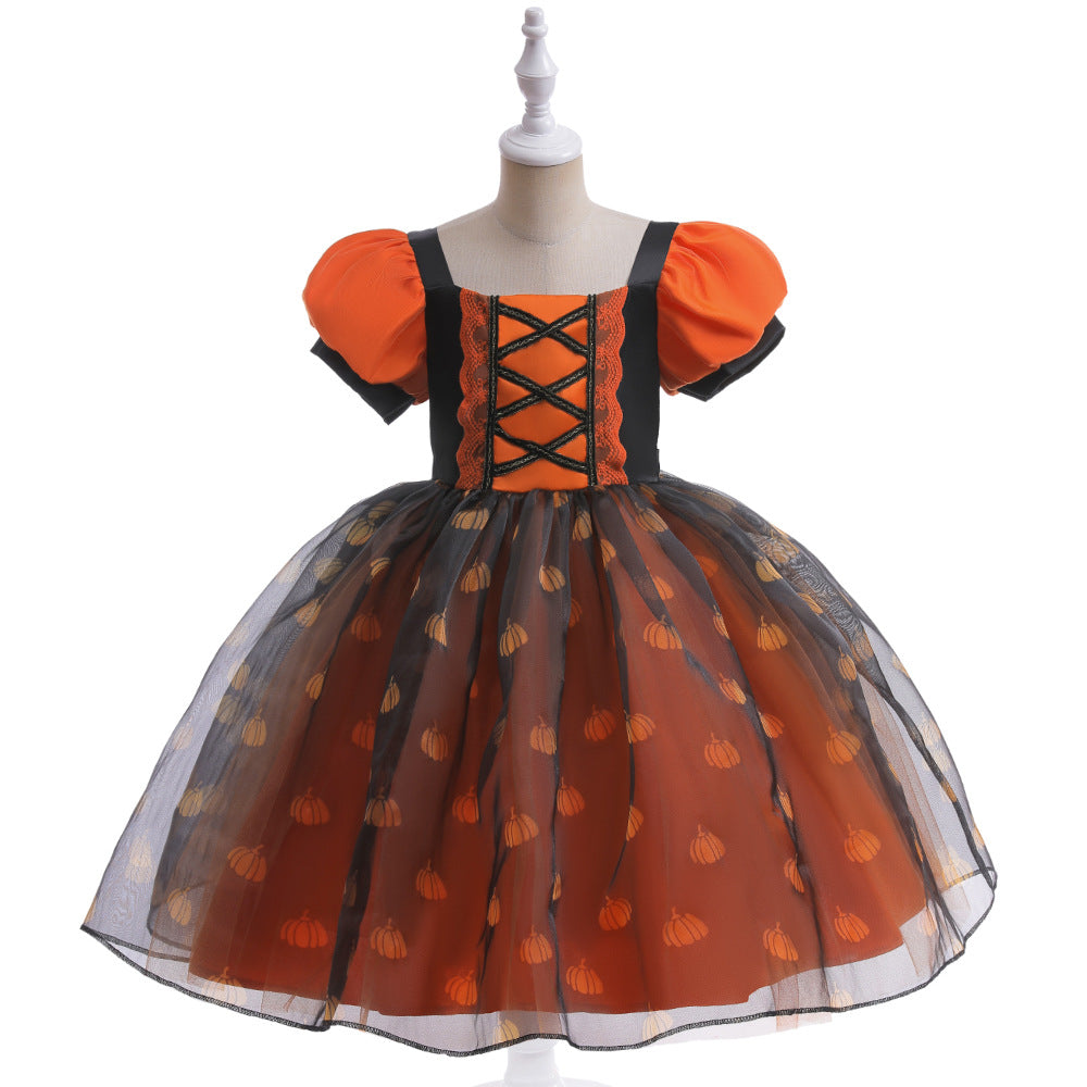 Halloween children dress Girls cosplay costume orange little witch pumpkin makeup ball performance costume