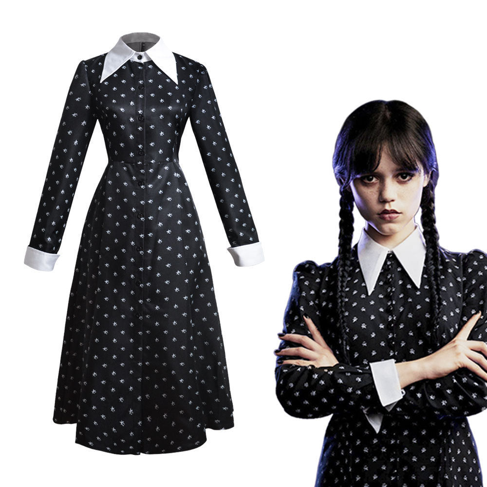 Adams family cos costume Halloween Wednesday Adams black dress cosplay costume