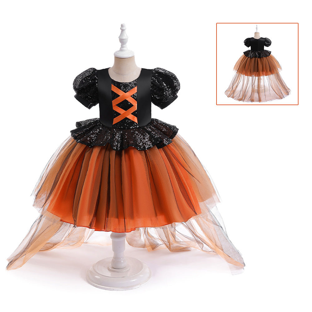 halloween dress witch performance costume mesh stitching trailing skirt Cosplay Costume Princess dress