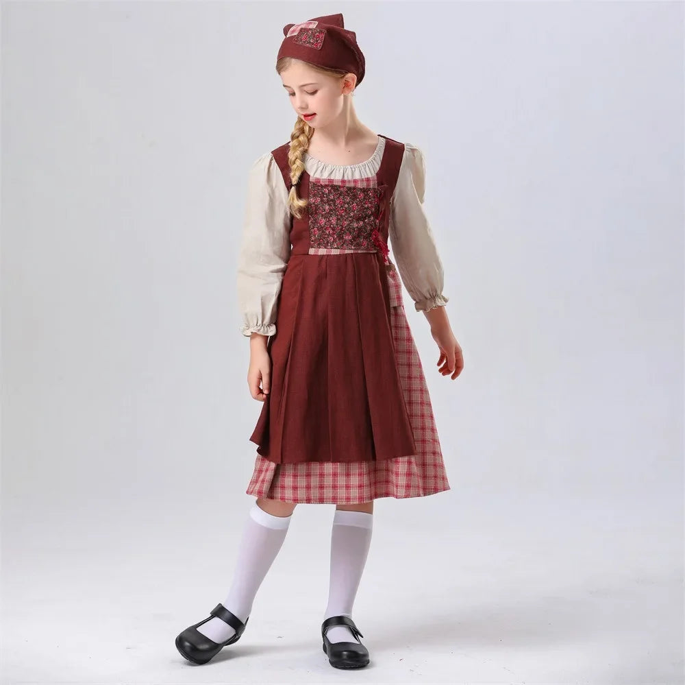 Halloween children play medieval role national costume stage costume little girl selling matches
