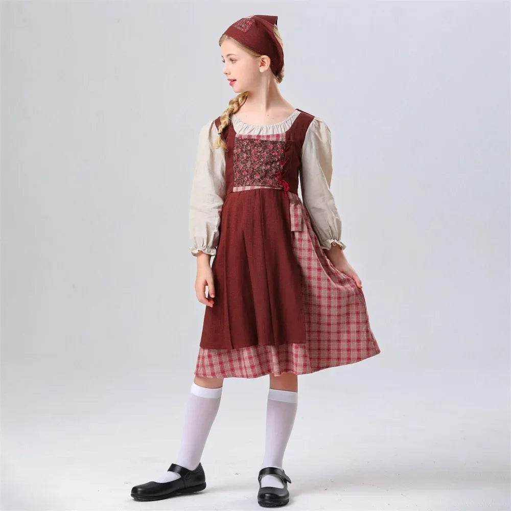 Halloween children play medieval role national costume stage costume little girl selling matches