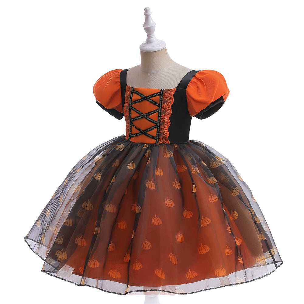 Halloween children dress Girls cosplay costume orange little witch pumpkin makeup ball performance costume